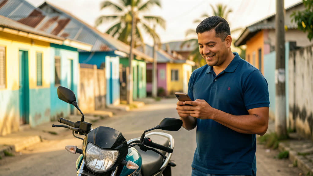 Cobrador con su moto revisando el celular